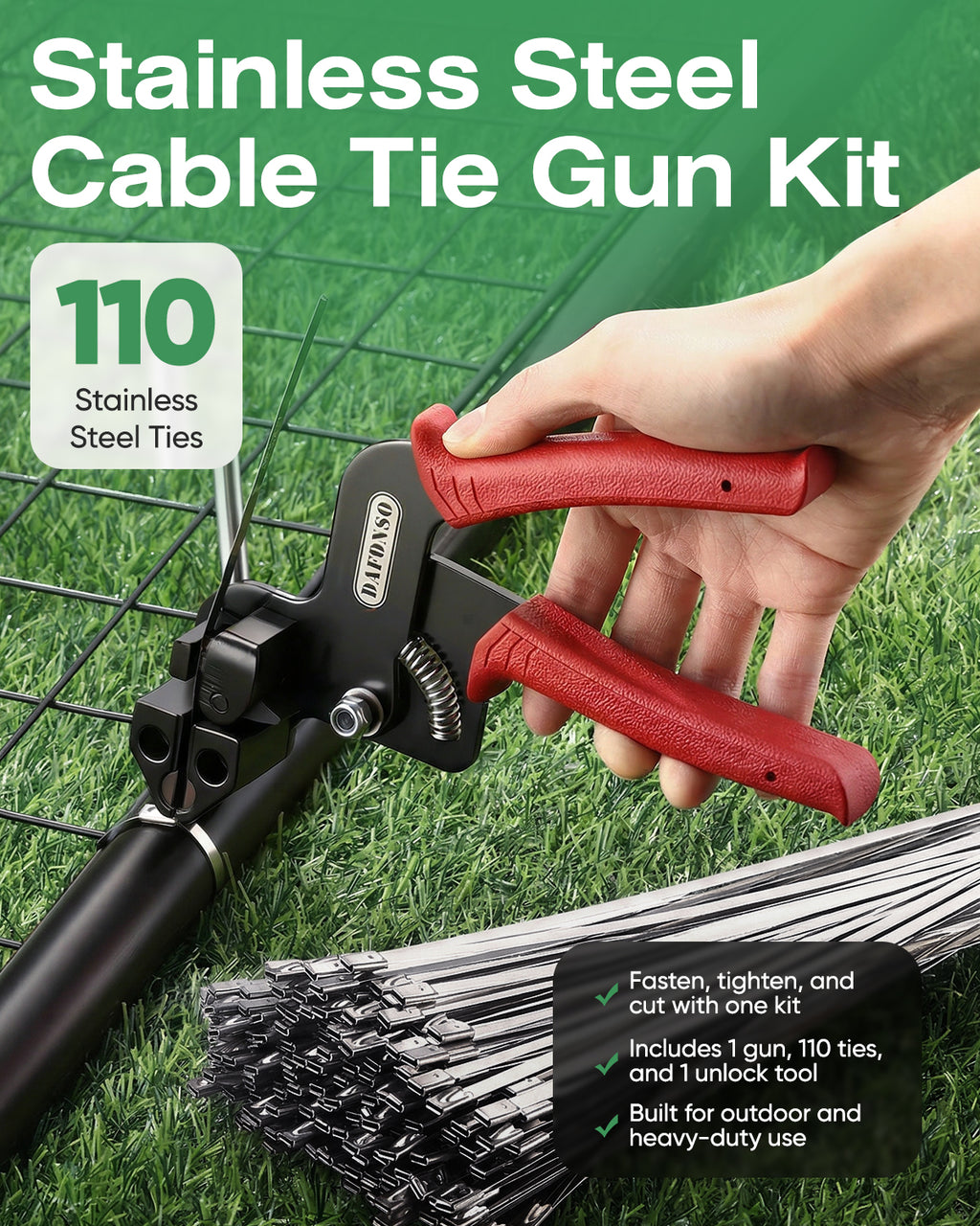 DAFONSO 112-piece cable tie gun kit with 110 stainless steel ties and release tool for outdoor fastening