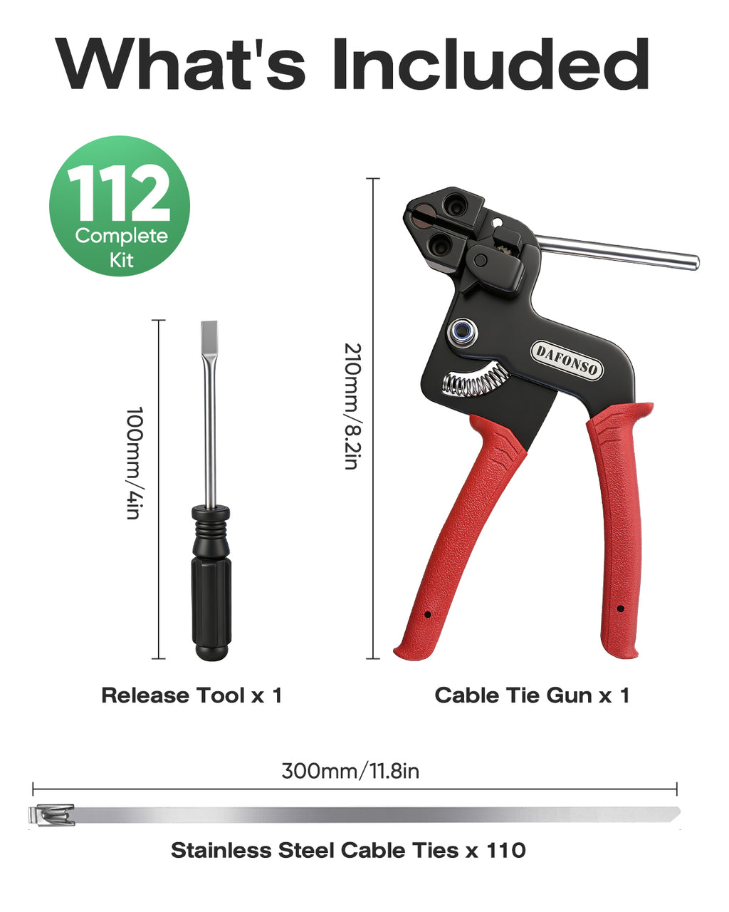 DAFONSO 112-piece kit contents: cable tie gun, release tool, and 110 stainless steel cable ties