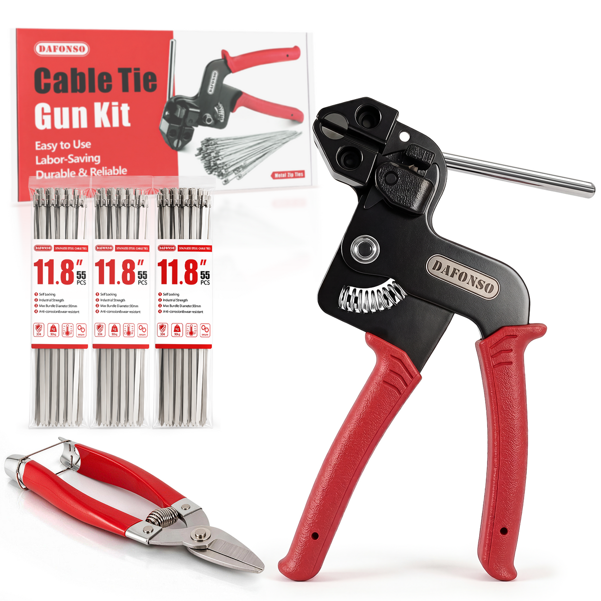DAFONSO 167-piece cable tie gun kit with retail box, 165 ties, cutting tool, and metal scissors