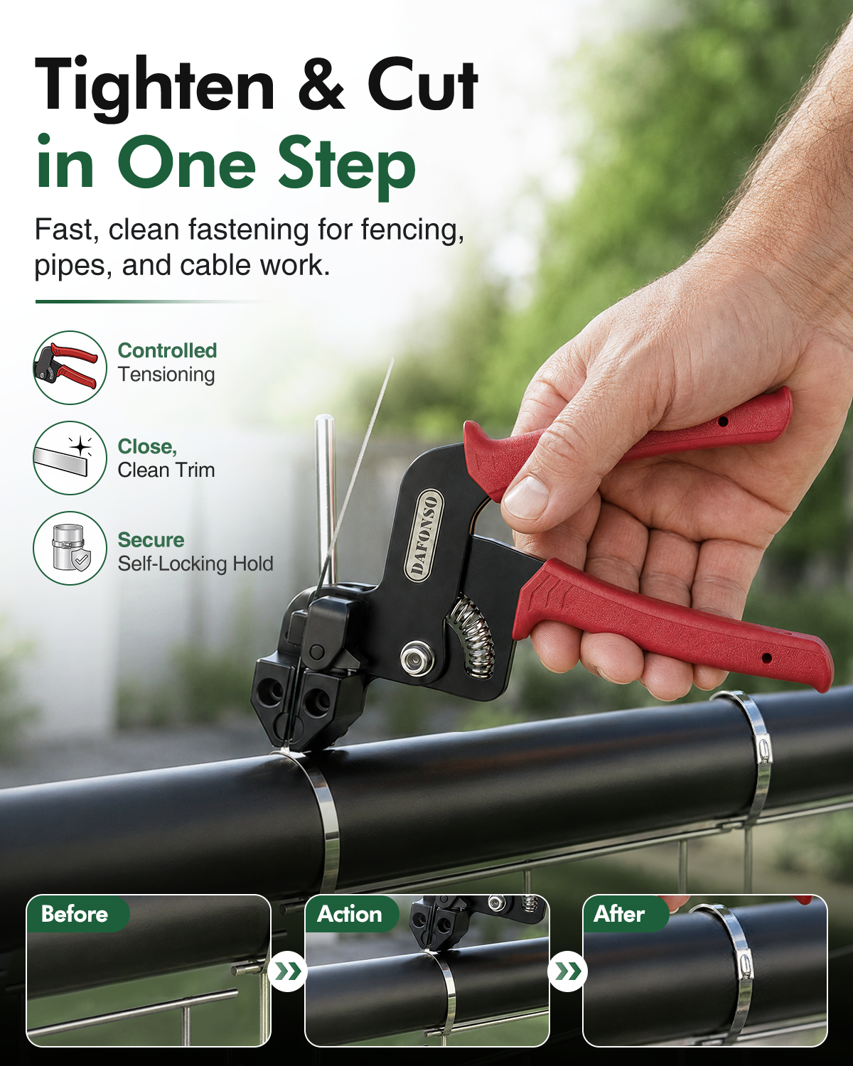 Hand using DAFONSO cable tie gun to tighten and cut a stainless steel tie around a pipe