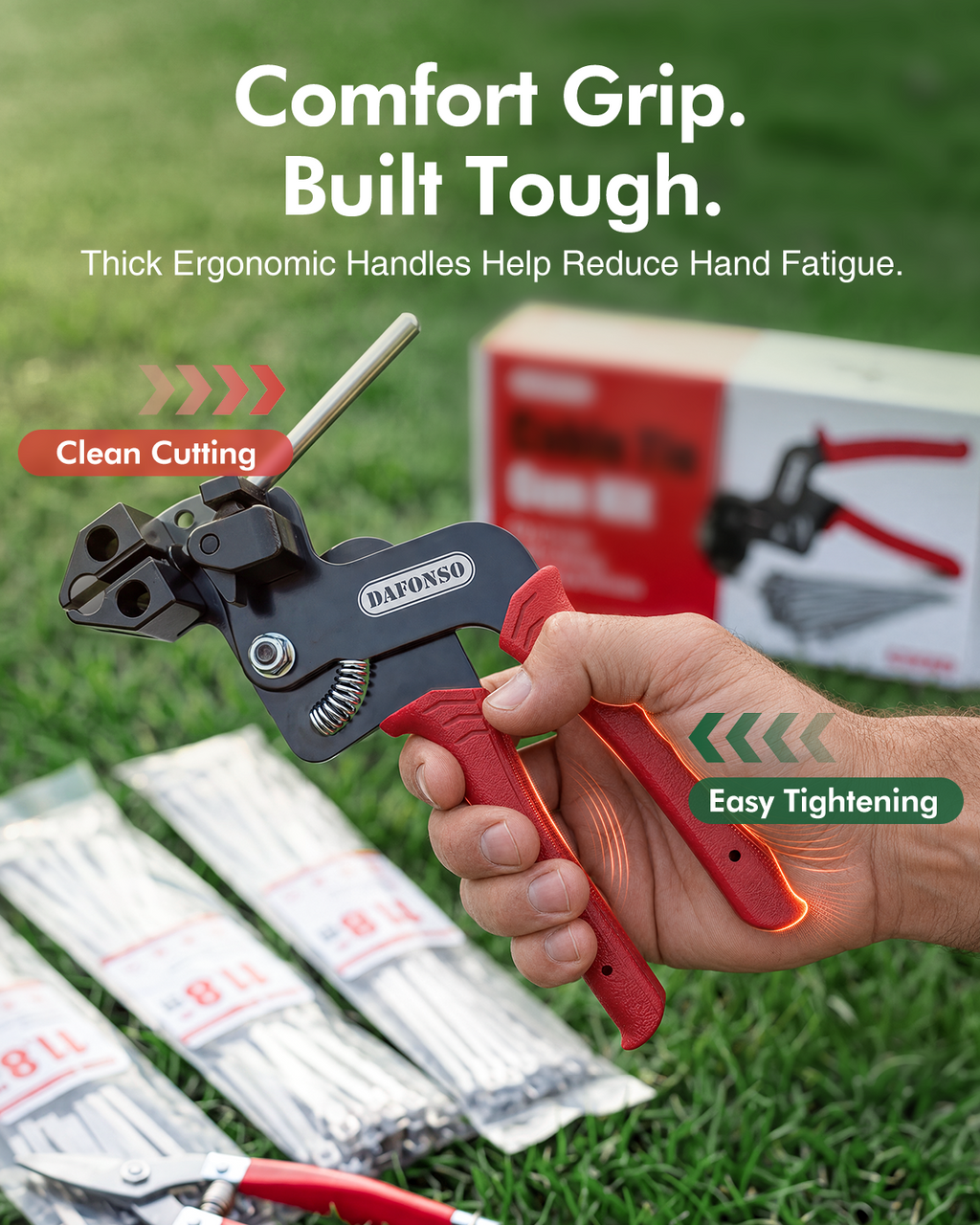 Hand holding the DAFONSO cable tie gun with red ergonomic grips and cutting head