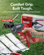 Hand holding the DAFONSO cable tie gun with red ergonomic grips and cutting head