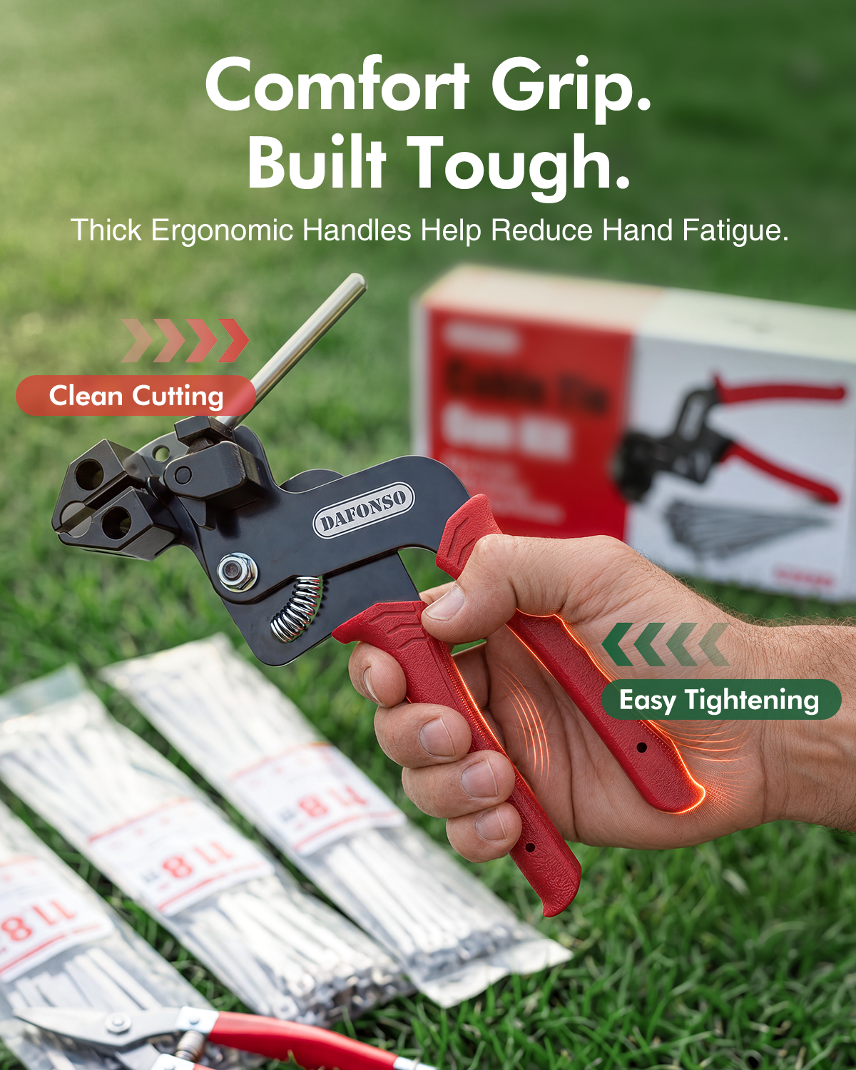 Hand holding the DAFONSO cable tie gun with red ergonomic grips and cutting head