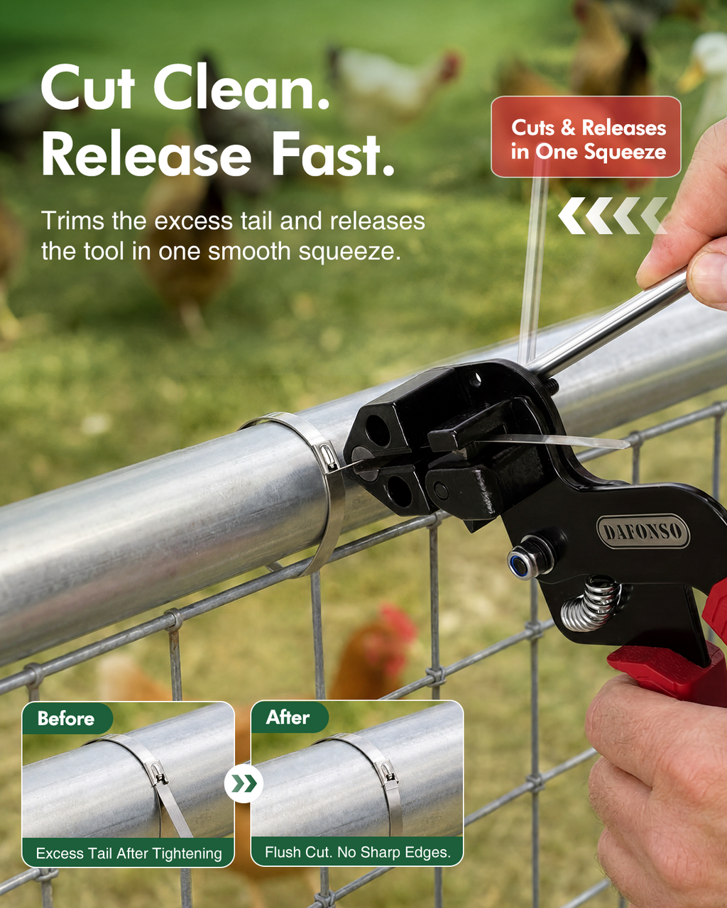 DAFONSO cable tie gun trimming a stainless steel tie flush around a fence rail