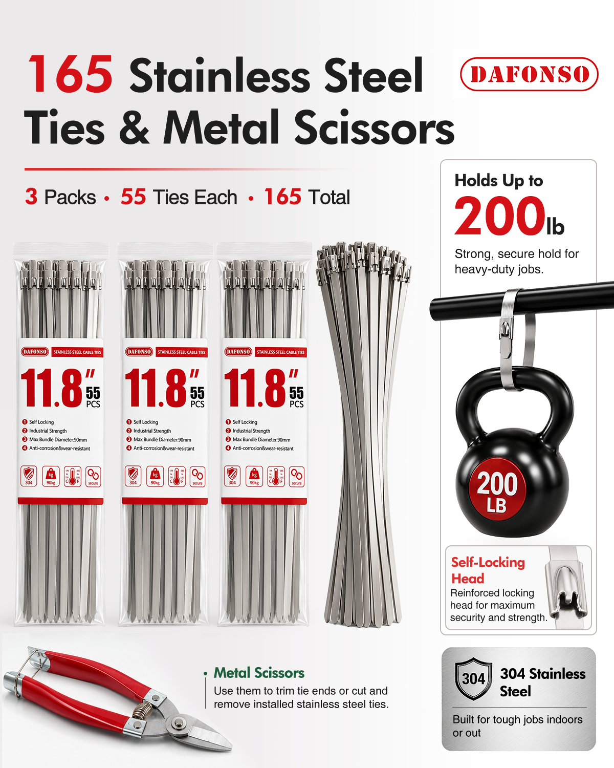 DAFONSO 167-piece kit contents showing three packs of stainless steel cable ties and metal scissors