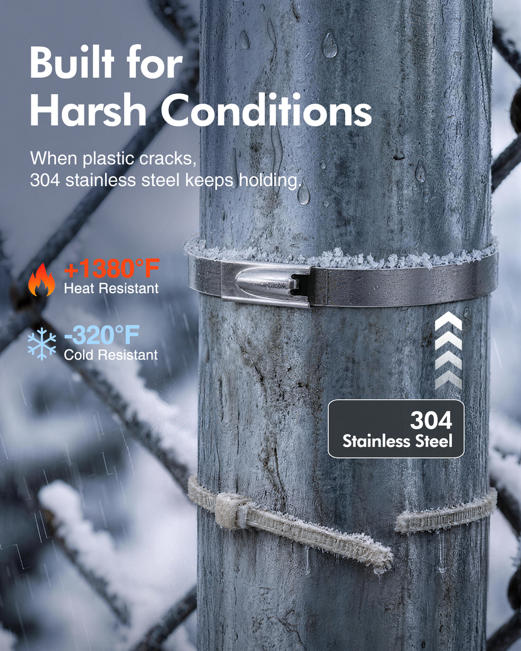 304 stainless steel cable tie securing a metal fence post in snowy outdoor conditions