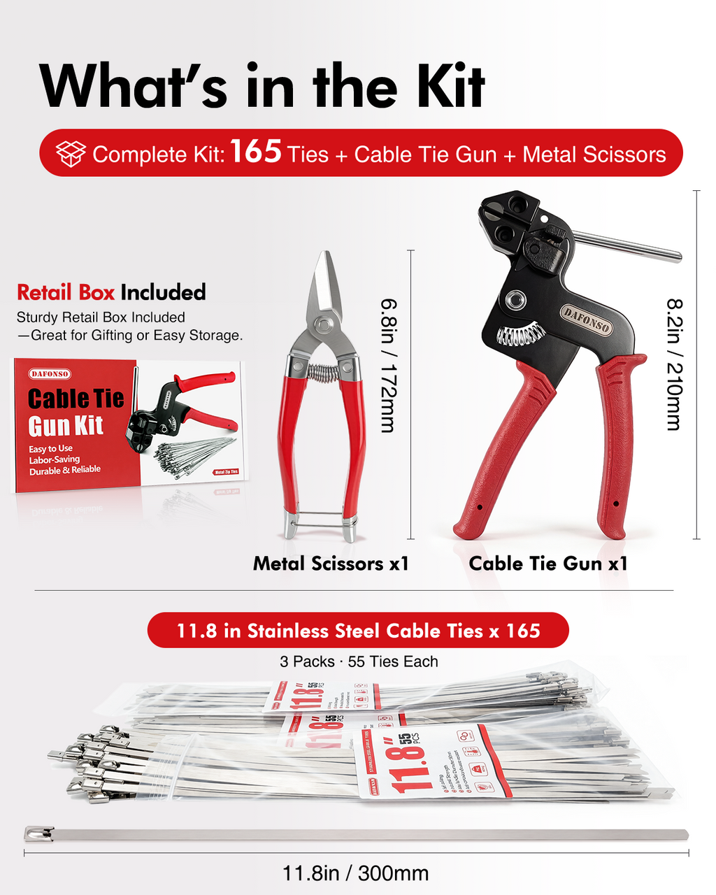 DAFONSO 167-piece kit contents with cable tie gun, metal scissors, and 165 11.8-inch steel ties