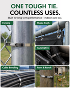 DAFONSO stainless steel cable ties used for fencing, shade cloth, automotive hoses, cable bundles, and farm posts