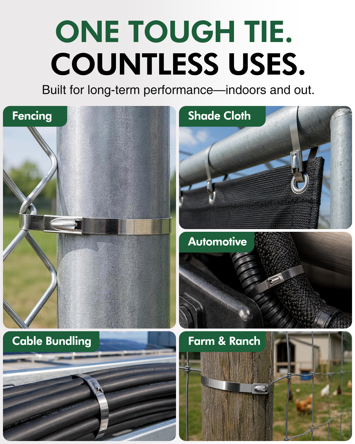 DAFONSO stainless steel cable ties used for fencing, shade cloth, automotive hoses, cable bundles, and farm posts