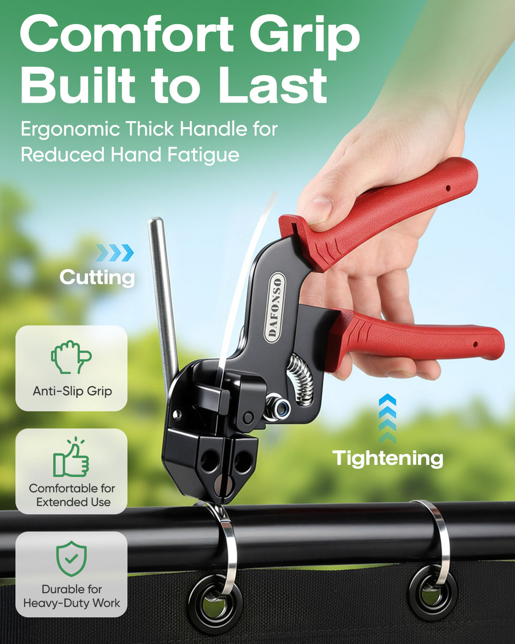 Hand holding the red-grip DAFONSO cable tie gun while tightening a metal tie on a pipe
