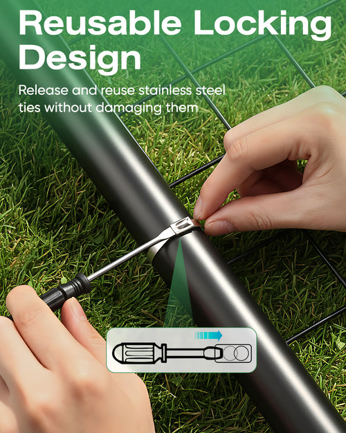 Using the included screwdriver to release a DAFONSO stainless steel cable tie from a pipe