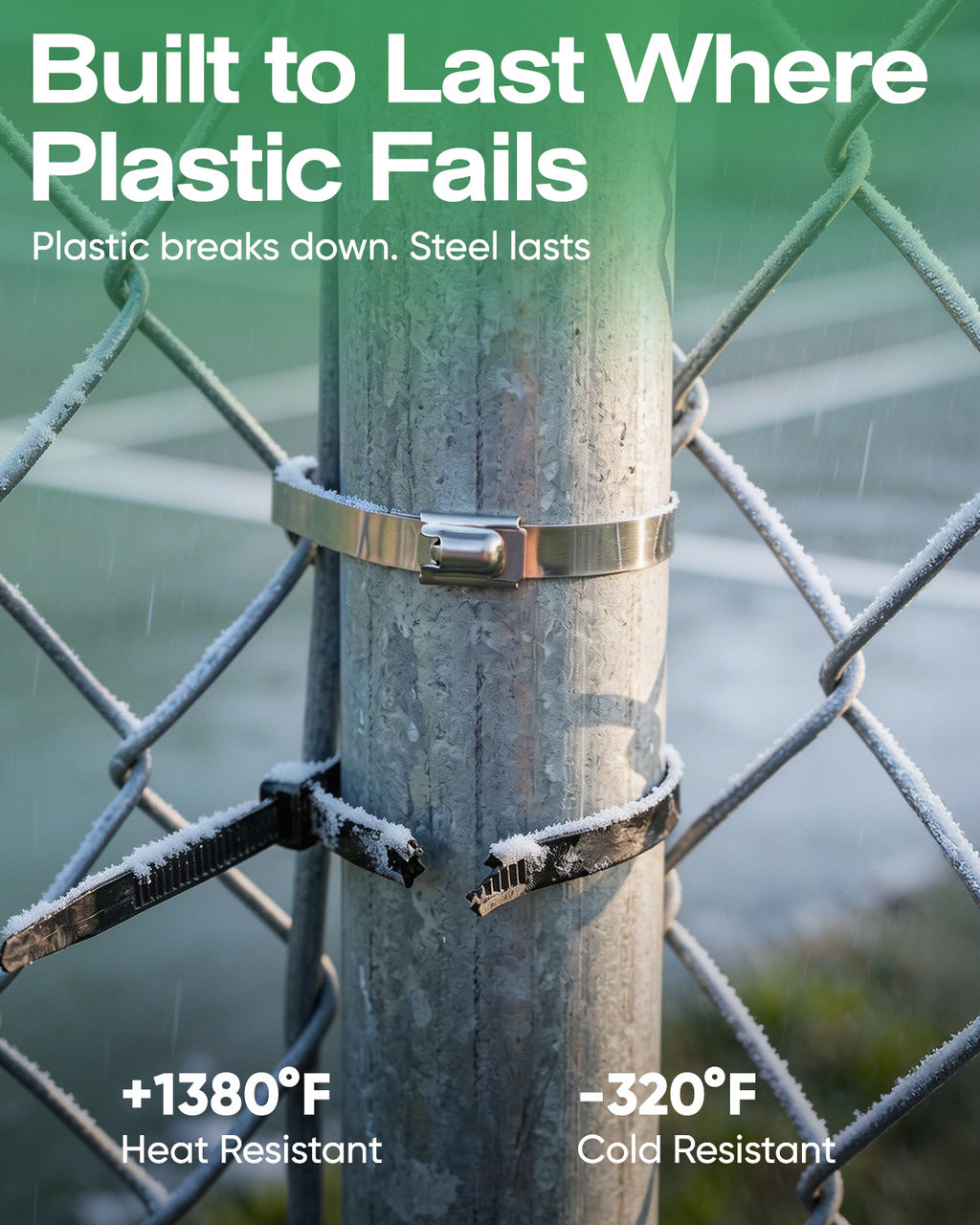 Stainless steel cable tie securing a chain-link fence post in snowy outdoor conditions