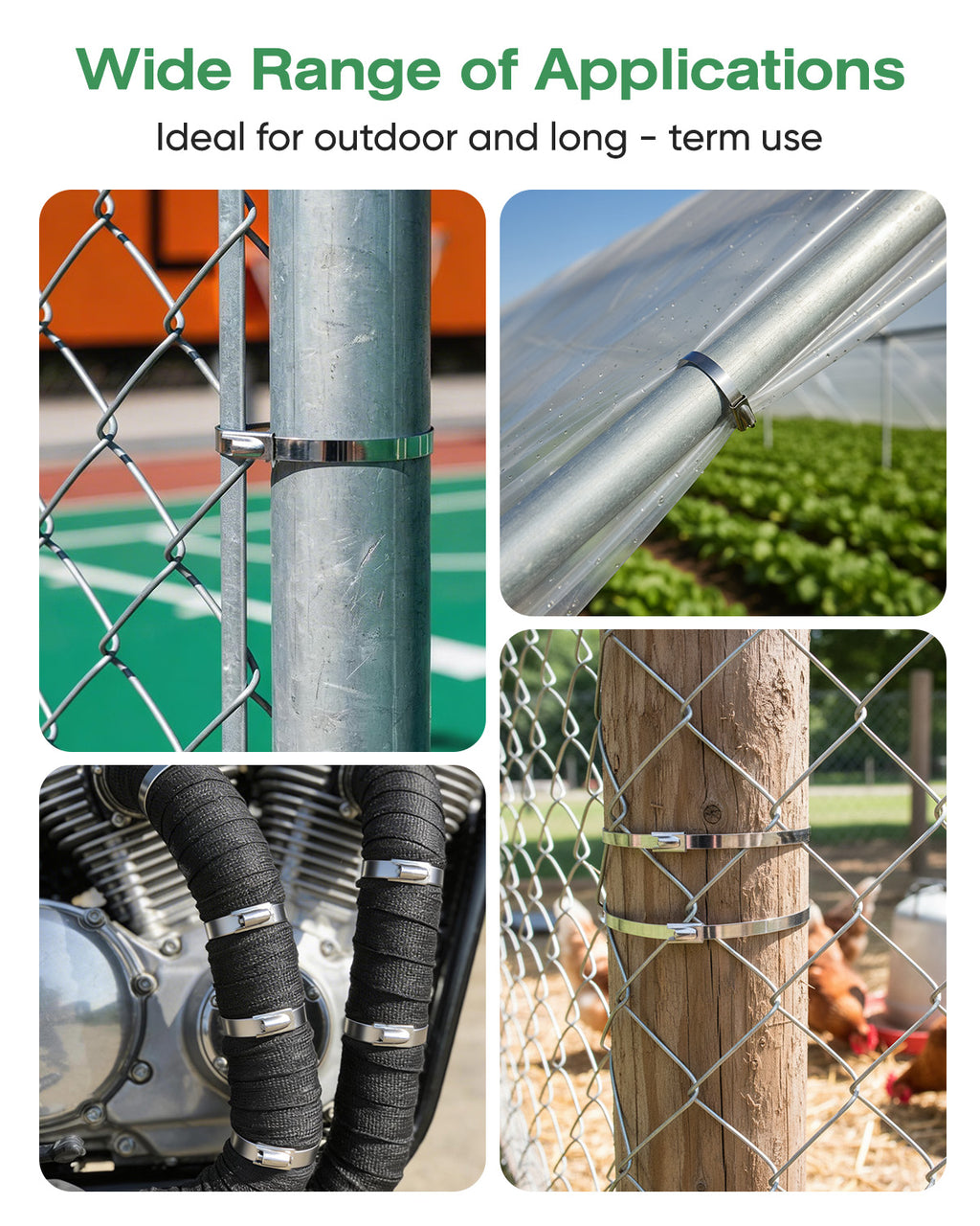 DAFONSO stainless steel cable ties securing fencing, greenhouse pipes, automotive hoses, and farm posts