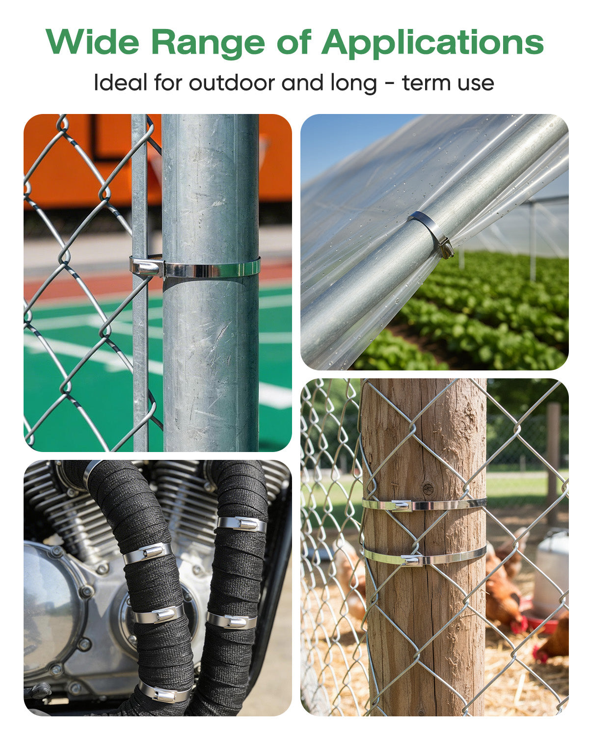 DAFONSO stainless steel cable ties securing fencing, greenhouse pipes, automotive hoses, and farm posts