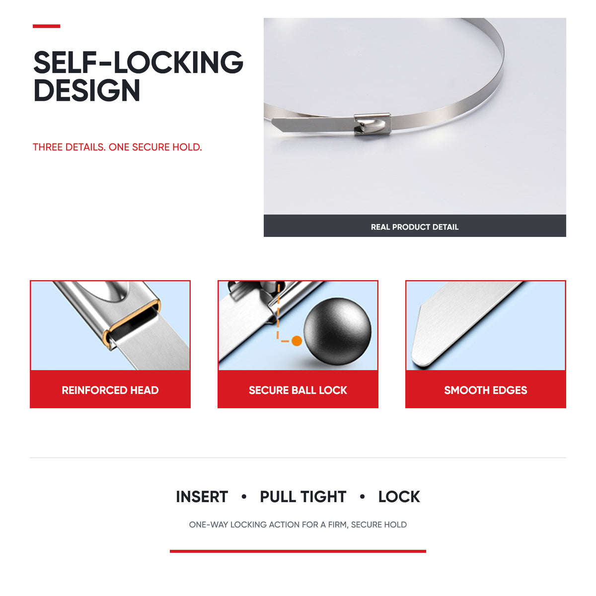Close-up diagram of DAFONSO self-locking metal cable tie head, ball lock, and smooth edges