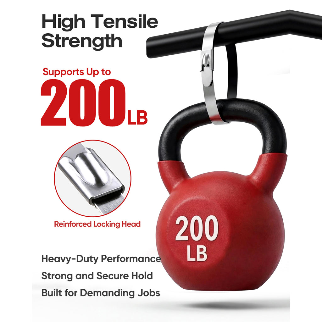 Graphic showing a stainless steel cable tie supporting a 200 lb weight and its reinforced locking head