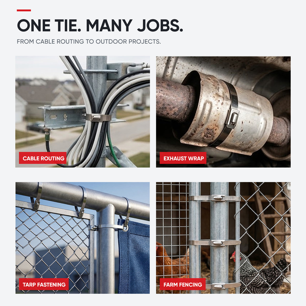 DAFONSO stainless steel cable ties used for cable routing, exhaust wrap, tarp fastening, and farm fencing