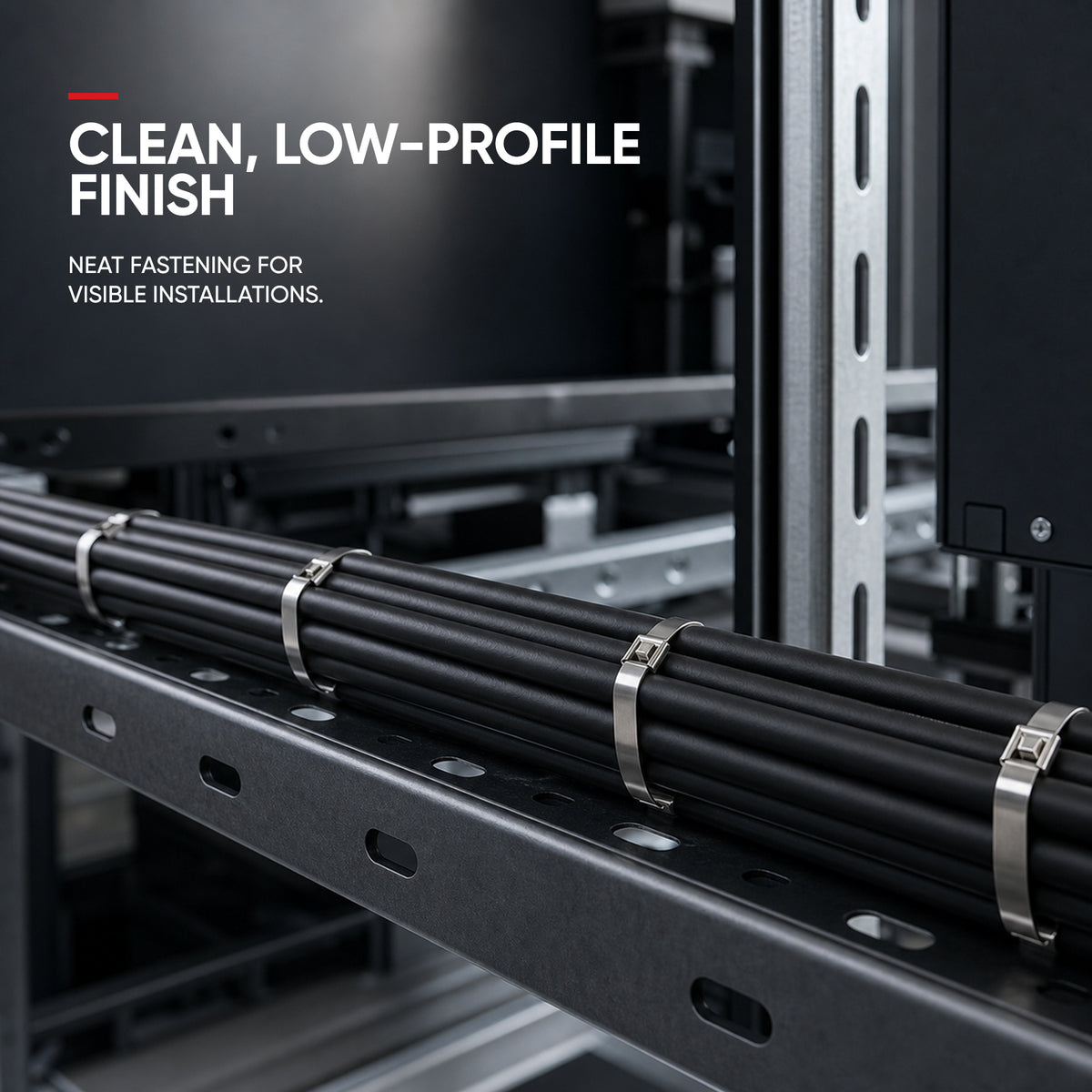 DAFONSO metal cable ties fastening black cables neatly to a metal support rack