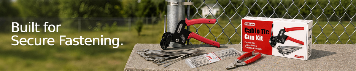DAFONSO tie gun, stainless steel ties and cutters at a chain-link fence